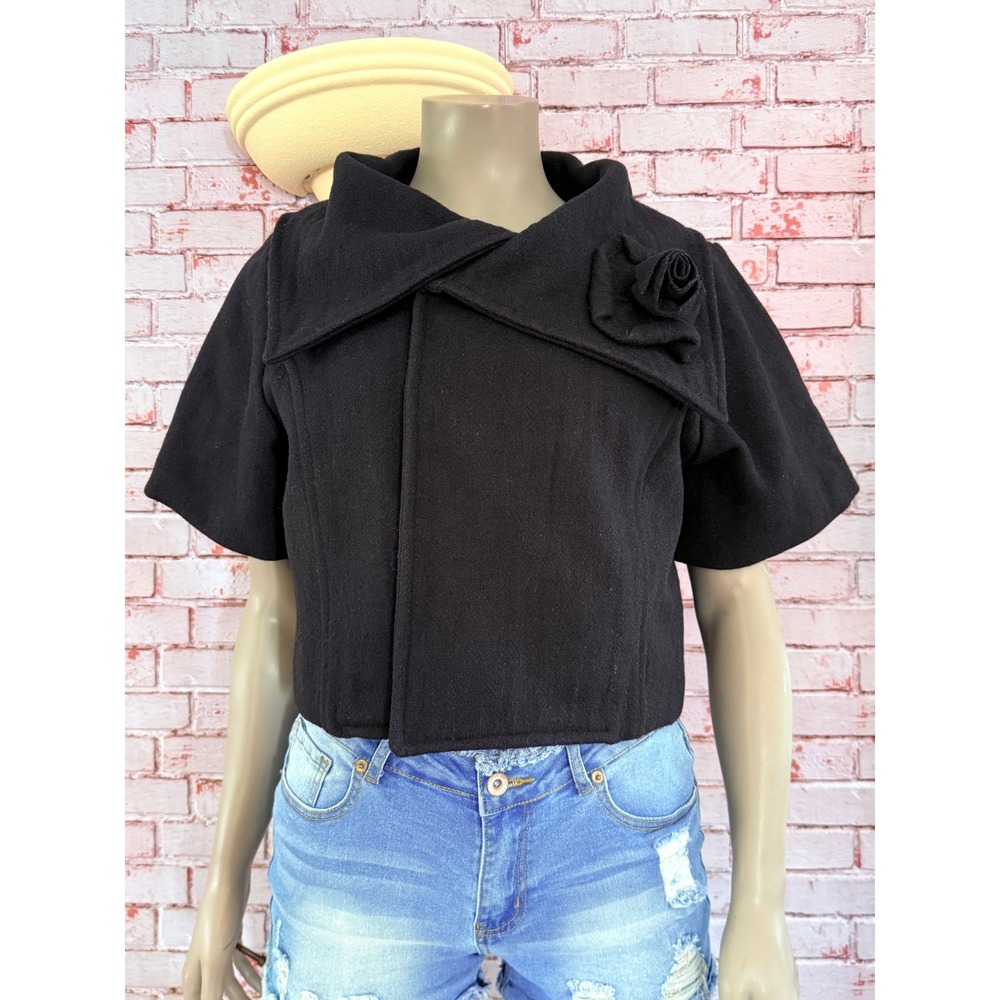 DIMRI Vintage Black Cropped Wool Jacket XL Short Sleeve Shrug Rosette Victorian